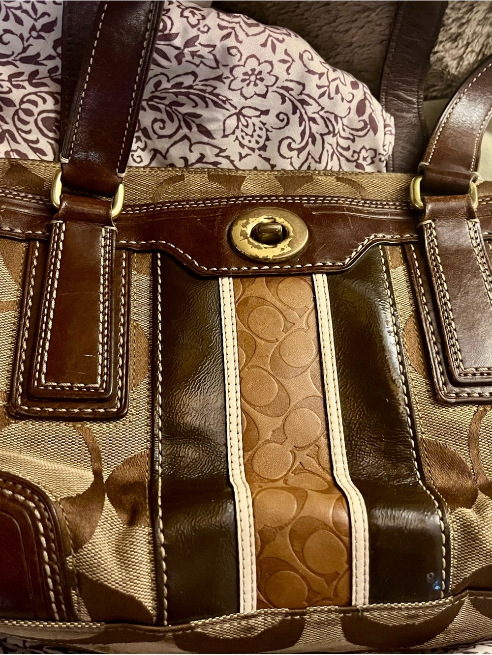 Coach Brown and Tan Signature Stripe Leather Tote